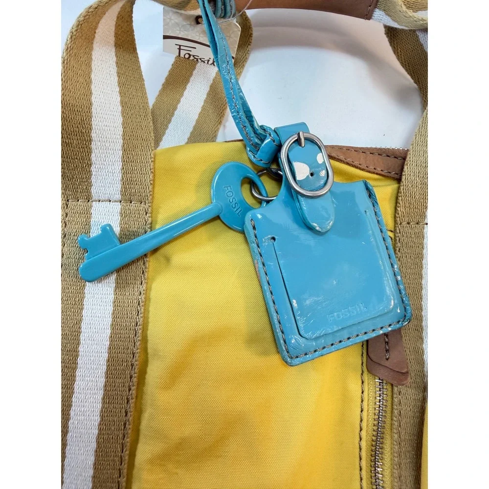 Fossil Key Per Duffle Satchel Yellow Nylon Leather Trim Crossbody Bag
